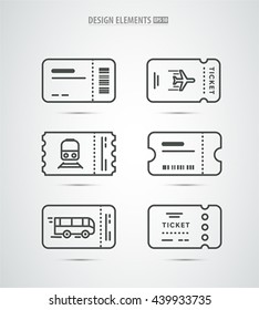 Vector line art ticket icon design. Simple and clean icon set. Airplane, train, bus, concert minimalistic style.