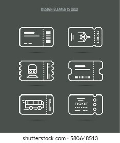 Vector line art ticket icon design. Simple and clean icon set. Airplane, train, bus, concert minimalistic style.