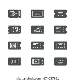 Vector line art ticket icon design. Simple and clean icon set. Airplane, train, bus, concert minimalistic style.