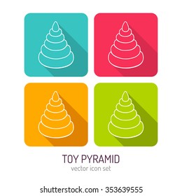 Vector line art toy pyramid icon set in four color variations with flat style long shadows, baby store web interface design elements isolated on white