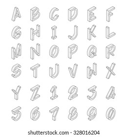Vector line art transparent alphabet in isometric style.