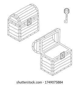 vector line art transparent treasure chest, closed and opened with key. Game design elements 