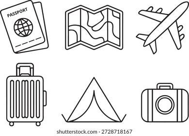 Vector line art travel icons collection in minimal outline style. Includes landmarks, maps, airplane, passport, luggage, and travel essentials for apps, websites, branding, and educational use.