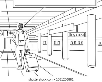 Vector line art traveler with luggage at the airport