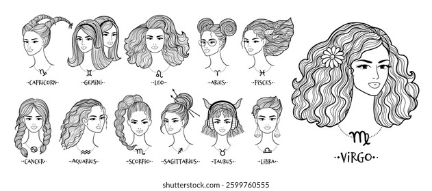 Vector line art of twelve zodiac signs as women with unique hairstyles. Elegant black-and-white design, ideal for astrology, horoscope, mystic, and celestial-themed projects.