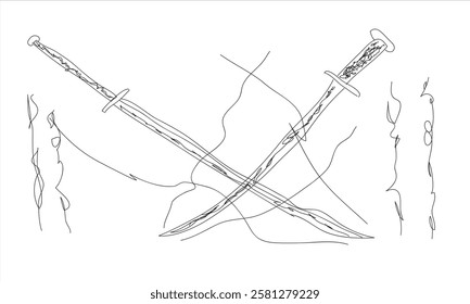 Vector line art of two crossed swords with artistic details. Perfect for fantasy, martial arts, and historical themes. Ideal for tattoos, logos, and digital designs.