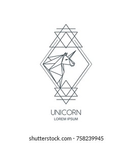 Vector line art unicorn horse logo icon or emblem. Unicorn polygonal head in rhombus shape. Outline geometric illustration for poster, greeting card, wall decoration sticker and prints.