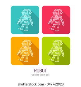 Vector line art vintage toy robot icon set in four color variations with flat style long shadows, baby store web interface design elements isolated on white