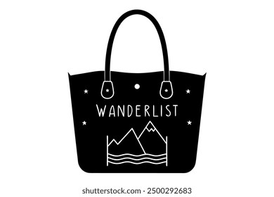 Vector Line Art of Wanderlust Tote Bag on White Background Vector Illustration, Logo Icon, and Clipart"