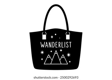 Vector Line Art of Wanderlust Tote Bag on White Background Vector Illustration, Logo Icon, and Clipart"