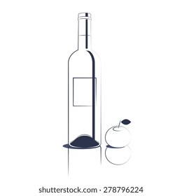 Vector line art white wine bottle and apple