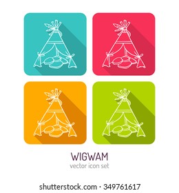 Vector line art wigwam icon set in four color variations with flat style long shadows, baby store web interface design elements isolated on white