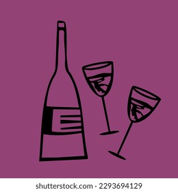 Vector line art with wine bottles and glasses. Print set, home decoration poster designs. 