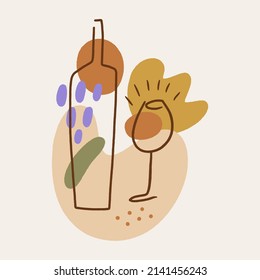 Vector line art wine minimal logo bottle and glass alcohol linear style label