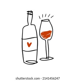 Vector line art wine minimal logo bottle and glass alcohol linear style label