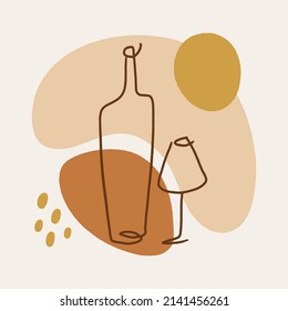 Vector line art wine minimal logo bottle and glass alcohol linear style label