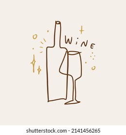 Vector line art wine minimal logo bottle and glass alcohol linear style label