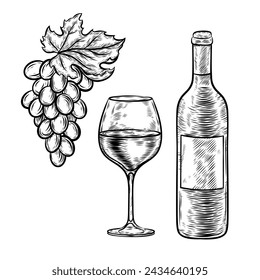 Vector line art wine set of bottle, glass and grape.