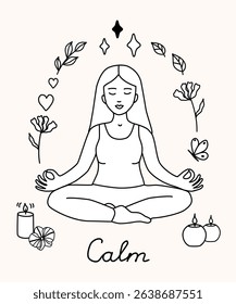 Vector line art of a woman meditating in lotus pose, surrounded by calming nature elements. Minimalist black and white doodle for wellness, mindfulness, or yoga-themed design.