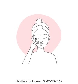 Vector line art of a woman performing a skincare routine with a roller.