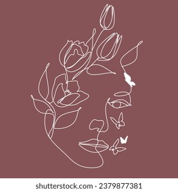  Vector line art of woman's face and flowers aesthetic minimal line drawing