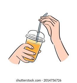 Vector line art of woman's hands holding a plastic cup with orange juice. Stylized illustration for menu, advert, social media, food blog, or print. Ink drawing isolated on white background. 