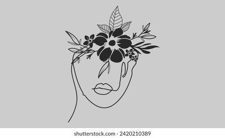 vector line art women face with flower