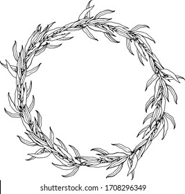 Corona de arte de la línea vectorial con eucalipto florido. Ramas tropicales pintadas a mano, hojas y ramas aisladas en fondo blanco. Ilustración floral para diseño, impresión o fondo. Plantilla para tarjeta.