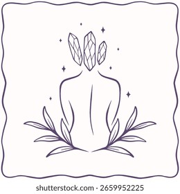 Vector línea arte yoga pose con cristales mágicos
