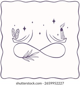Vector línea arte yoga pose con cristales mágicos e incienso
