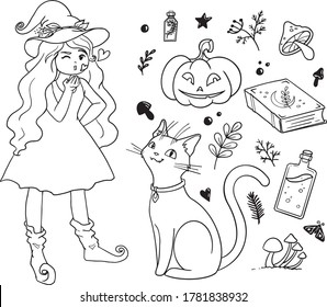 Vector line art of young witch set (including witch in a hat, cat, pumpkin, book, plants, mushrooms, potion and other elements)