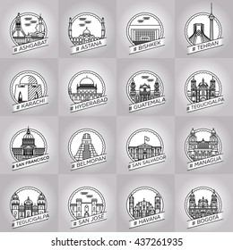 vector line ashgabat, astana, bishkek, tehran, karachi, hyderabad, guetemala, tegucigalpa, san francisco, belmopan, san salvador, managua, san jose, havana, city badge set collection