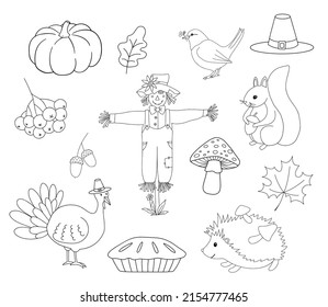 Vector line Autumn elements isolated on white background . Hand drawn outline fall illustration for coloring page. Doodles art for kids coloring book. Turkey, pie, scarecrow and forest animals