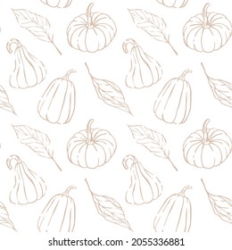 Vector line autumn pumpkin leaves background seamless pattern, fall ornament for wrapping paper textile fabric tile drawing element, nature forest graphic design eco vegetable illustration element  