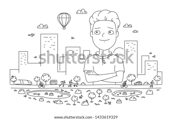 Vector line background for comfortable city. Linear\
illustration of a modern city with houses, trees, transport, ponds\
and a park.