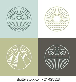 Vector Line Badges With Landscapes And Nature Icons - Round Labels