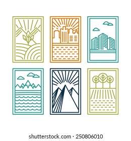 Vector line badges with landscapes and nature icons - linear labels