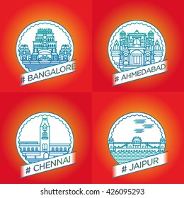 vector line Bangalore, Ahmedabad,Chennai, Jaipur badge set collection