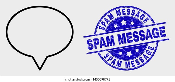 Vector line banner balloon icon and Spam Message seal stamp. Blue rounded textured stamp with Spam Message title. Black isolated banner balloon icon in line style.