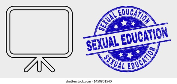 Vector line banner board icon and Sexual Education seal. Blue round textured seal stamp with Sexual Education text. Black isolated banner board icon in line style.