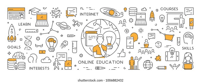 Vector line banner for online education. Linear web concept for online university. Open path.