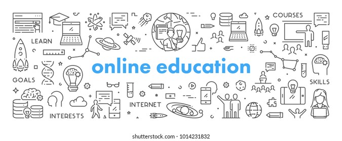 Vector line banner for online education. Linear web concept for online university. Open path.