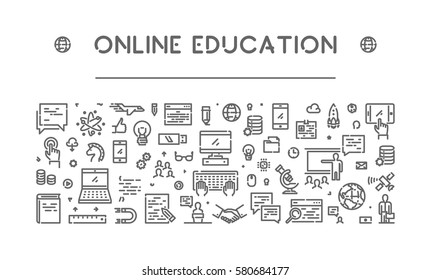 Vector line banner for online education. Linear web background for online university.