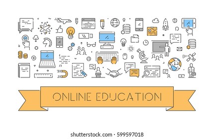 Vector Line Banner For Online Education. Linear Web Background For Online University. Open Path.