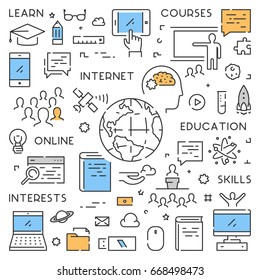 Vector line banner for online education. Linear web concept for online university. Open path.