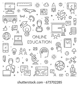 Vector line banner for online education. Linear web background for online university.