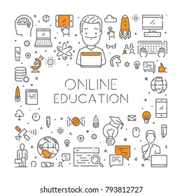 Vector line banner for online education. Linear web concept for online university. Open path.