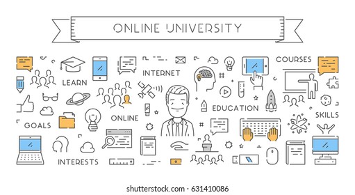 Vector line banner for online university. Linear web concept for online education.