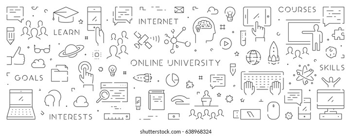 Vector line banner for online university. Linear web concept for online education.