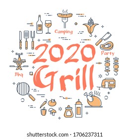 Vector line banner for picnic and barbecue party - 2020 GRILL